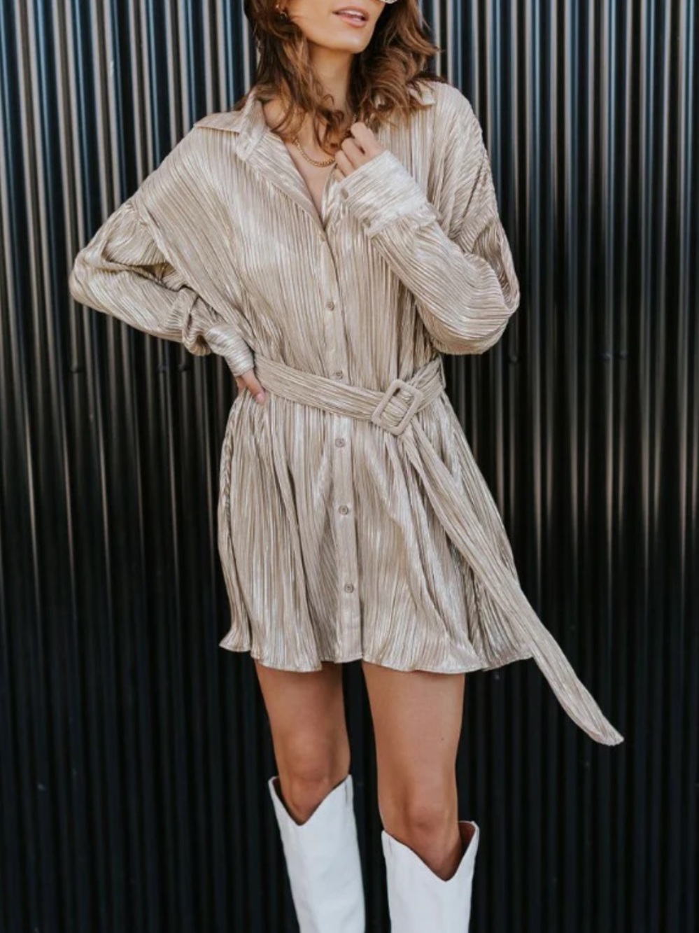 Pleated Champagne Shimmer Shirt Dress with Belt - Size Medium